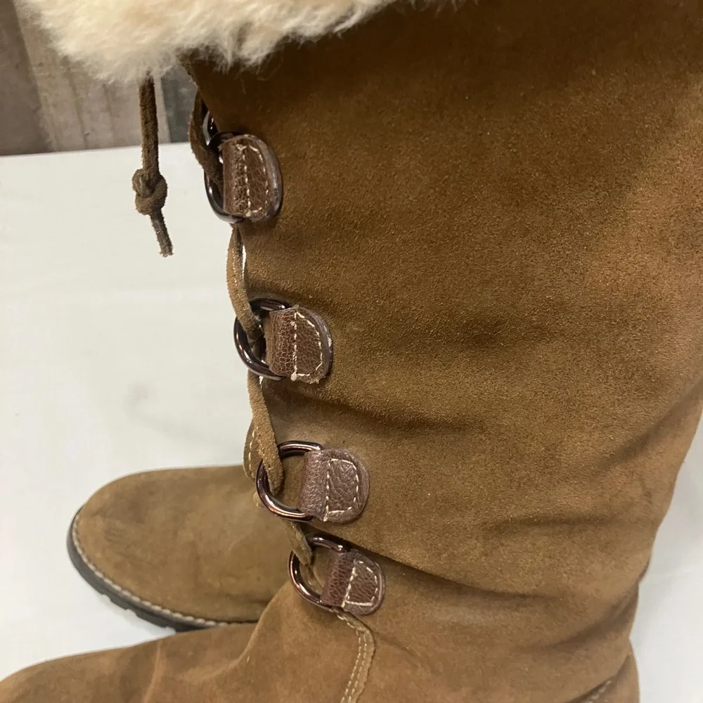Sofft Barbourne Brown Suede Faux Fur Trim Tall Winter Boots Lace Up Womens 7.5
